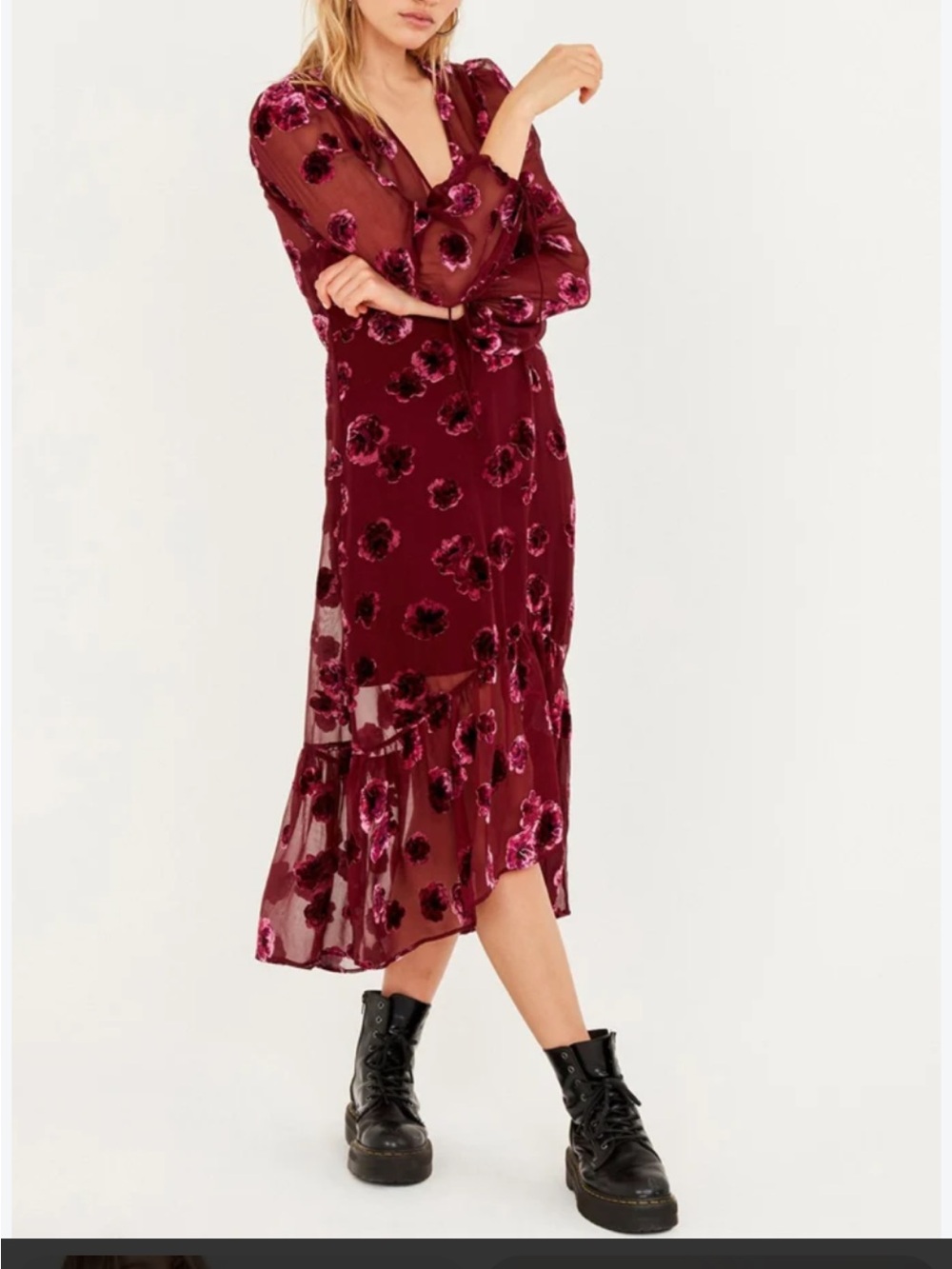 For Love & Lemons Burgundy Floral Velvet-Detail Maxi Dress